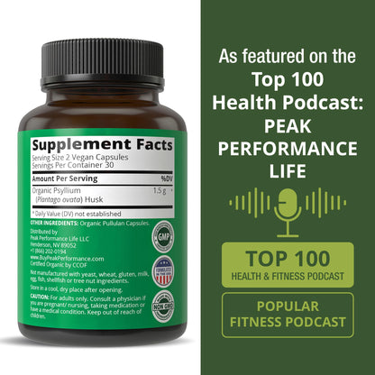 USDA Organic Psyllium Husk Vegan Capsules Made with Organic Psyllium Husk Seed. Fiber Supplement for Gut. Digestive Prebiotics. Pills for Digestion, Roughage Without Bloating. Tablets Peak PerformanceBuy Supplements Australia