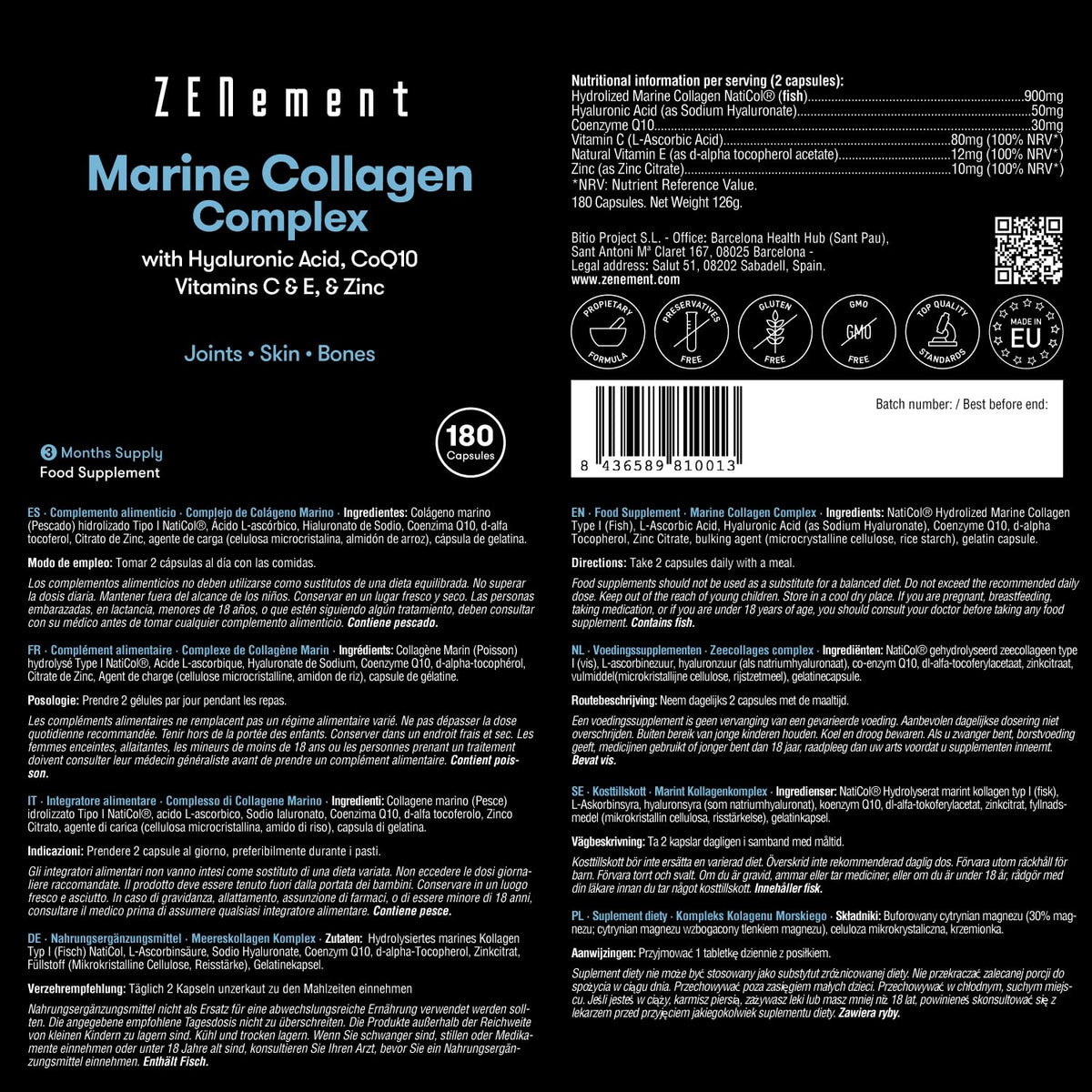 Marine Collagen Complex, with Hyaluronic Acid, CoQ10, Vitamins C & E, & Zinc, 180 Capsules ZenementBuy Supplements Australia