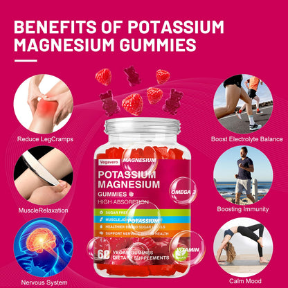 Potassium Magnesium Gummies - High Absorption Magnesium Glycinate & Potassium Citrate Plus Coenzyme Q10, DHA, D3, Mineral & Calcium for Zzz, Leg Cramps & Muscle - 60 Raspberry Gummies VegaveroBuy Supplements Australia