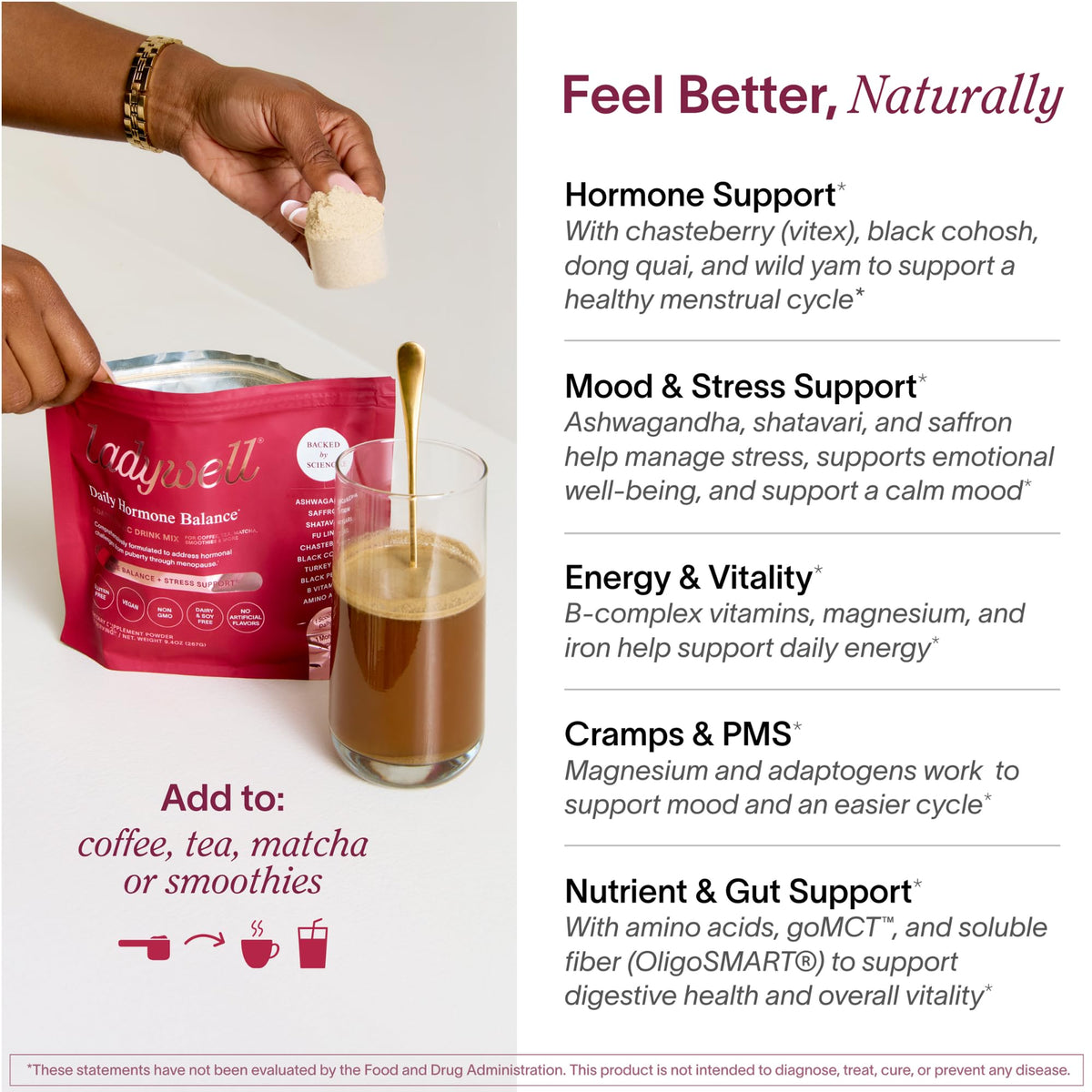 Ladywell Daily Hormone Balance Powder | Natural Cycle Support for Women | Supports Mood, Bloating, Cramps, Skin Health & Cravings with Chasteberry, B Vitamins, Ashwagandha, Saffron + | 30 Servings LadywellBuy Supplements Australia