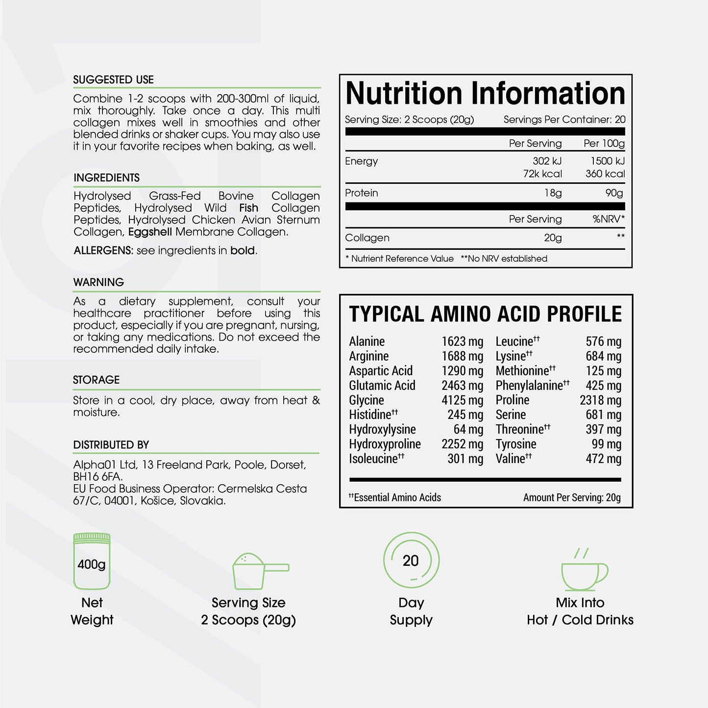 Multi Collagen Protein Powder (400g) - Types I, II, III, V & X - Hydrolyzed Grass Fed Bovine, Wild Caught Fish ALPHA01Buy Supplements Australia