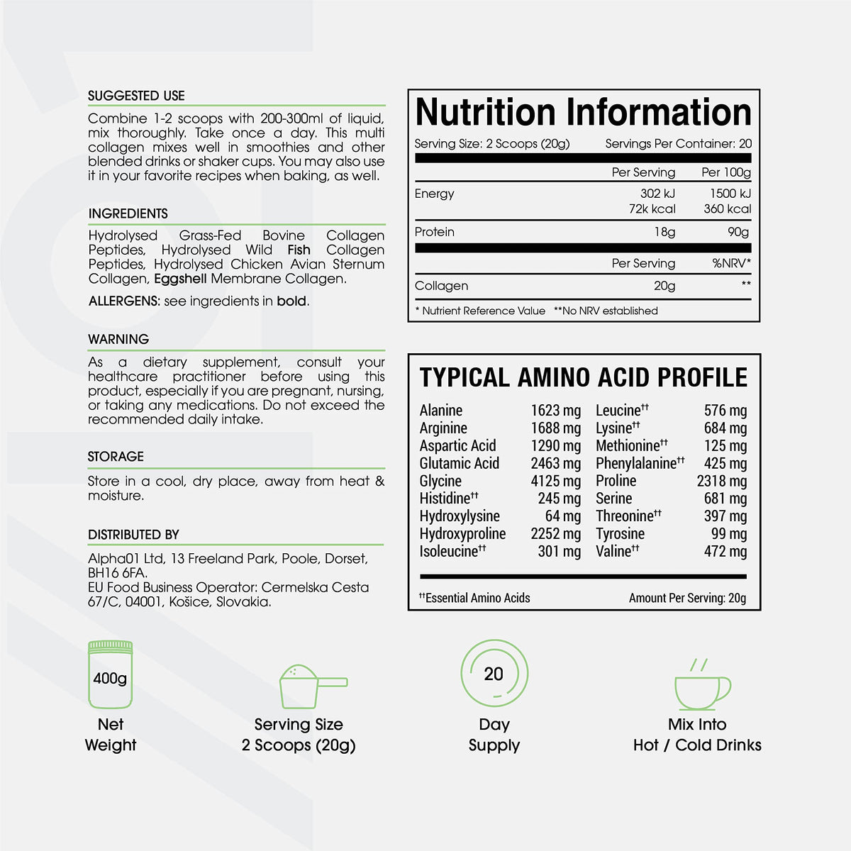 Multi Collagen Protein Powder (400g) - Types I, II, III, V & X - Hydrolyzed Grass Fed Bovine, Wild Caught Fish ALPHA01Buy Supplements Australia