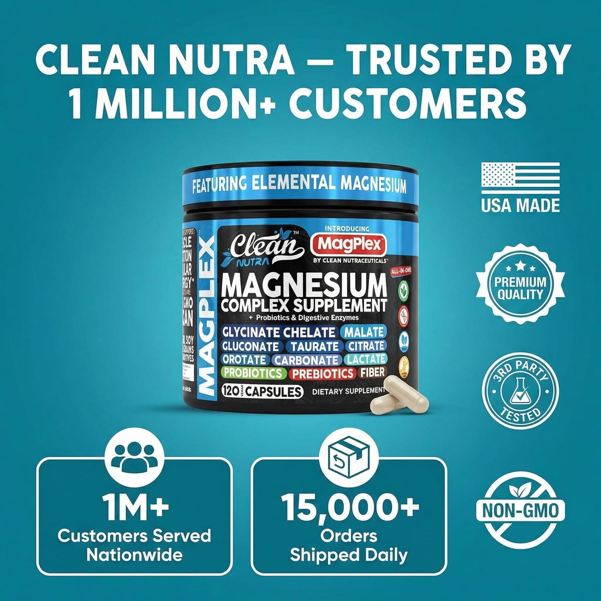 8in1 Magnesium Supplement Complex | Magnesium Glycinate Citrate Malate Gluconate Orotate Carbonate Lactate + Prebiotics Probiotics Digestive Enzymes Magnesio