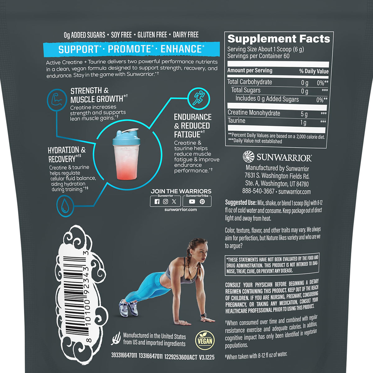 Creatine Monohydrate Powder Taurine Supplement, 5g Creatine Monohydrate 1g Taurine per Serving | Vegan Muscle Strength, Endurance & Recovery Support, Clean Performance Formula | 60 Servings Unflavored SunwarriorBuy Supplements Australia