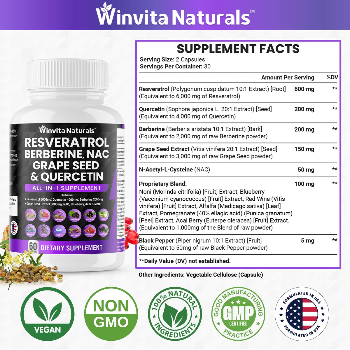 Resveratrol 6000mg Quercetin 4000mg Berberine 2000mg Grape Seed Extract 3000mg Winvita NaturalsBuy Supplements Australia