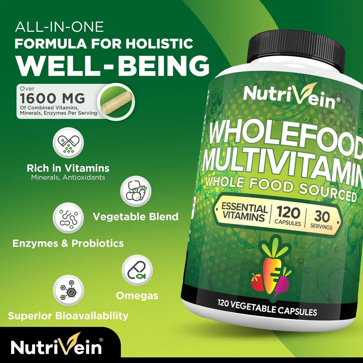 Nutrivein Whole Food Multivitamin for Men & Women – 120 Vegan Multivitamin Caps for Adults – Daily Energy, Immune & Heart Support NutriveinBuy Supplements Australia