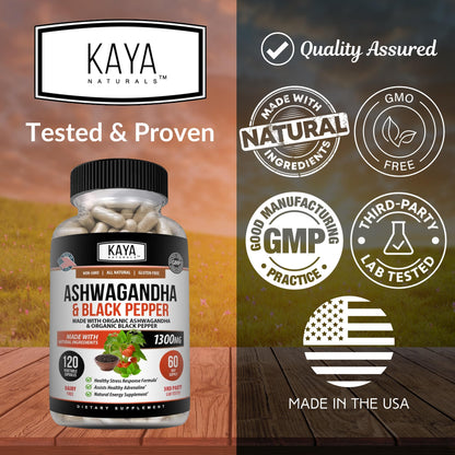 Kaya Naturals Ashwagandha 1300mg, 120 Count Capsules for Stress Relief, Adrenal, Mood & Thyroid Support, Black Pepper and 100% Pure Ashwagandha -120 Capsules Kaya NaturalsBuy Supplements Australia