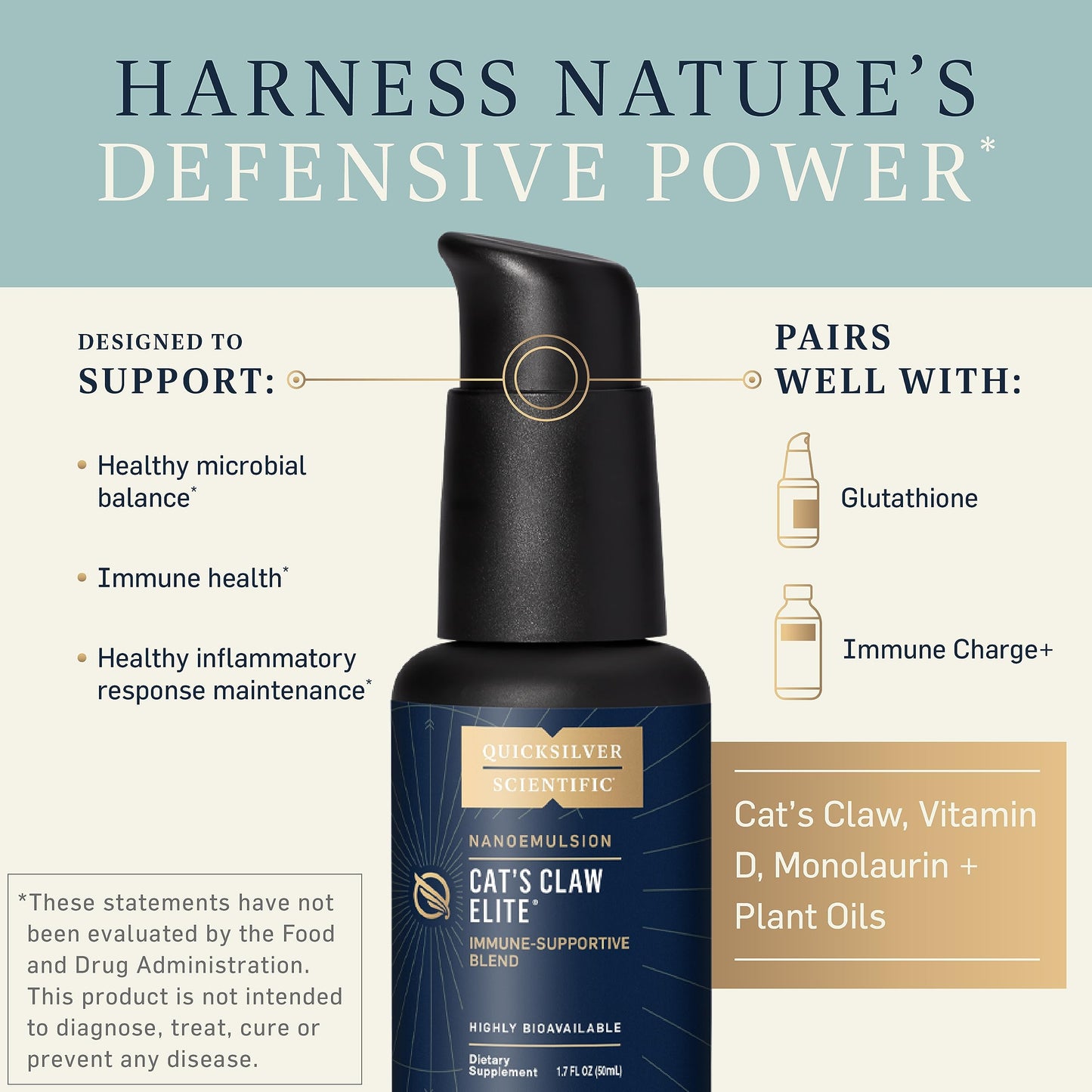 Quicksilver Scientific Nanoemulsified Cat's Claw - Liquid Immune Support Supplement with Uncaria tomentosa, 1000 IU Vitamin D + Monolaurin - Vegan + Superior Liposomal Absorption (1.7oz / 50ml) Quicksilver ScientificBuy Supplements Australia