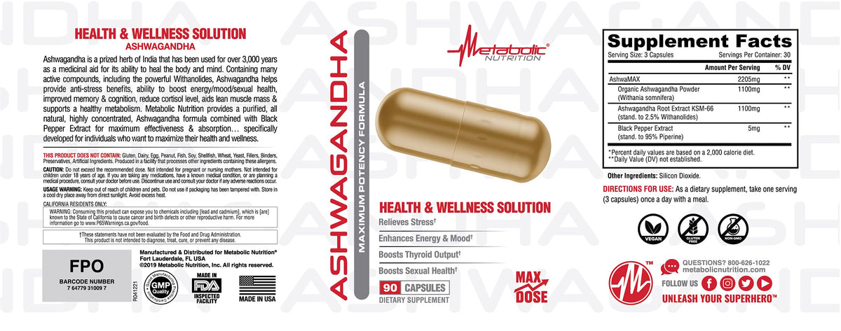 Metabolic Nutrition Ashwagandha 2200mg Made with Organic Ashwagandha Powder and Black Pepper Extract, 90 Vegan Capusles Metabolic NutritionBuy Supplements Australia