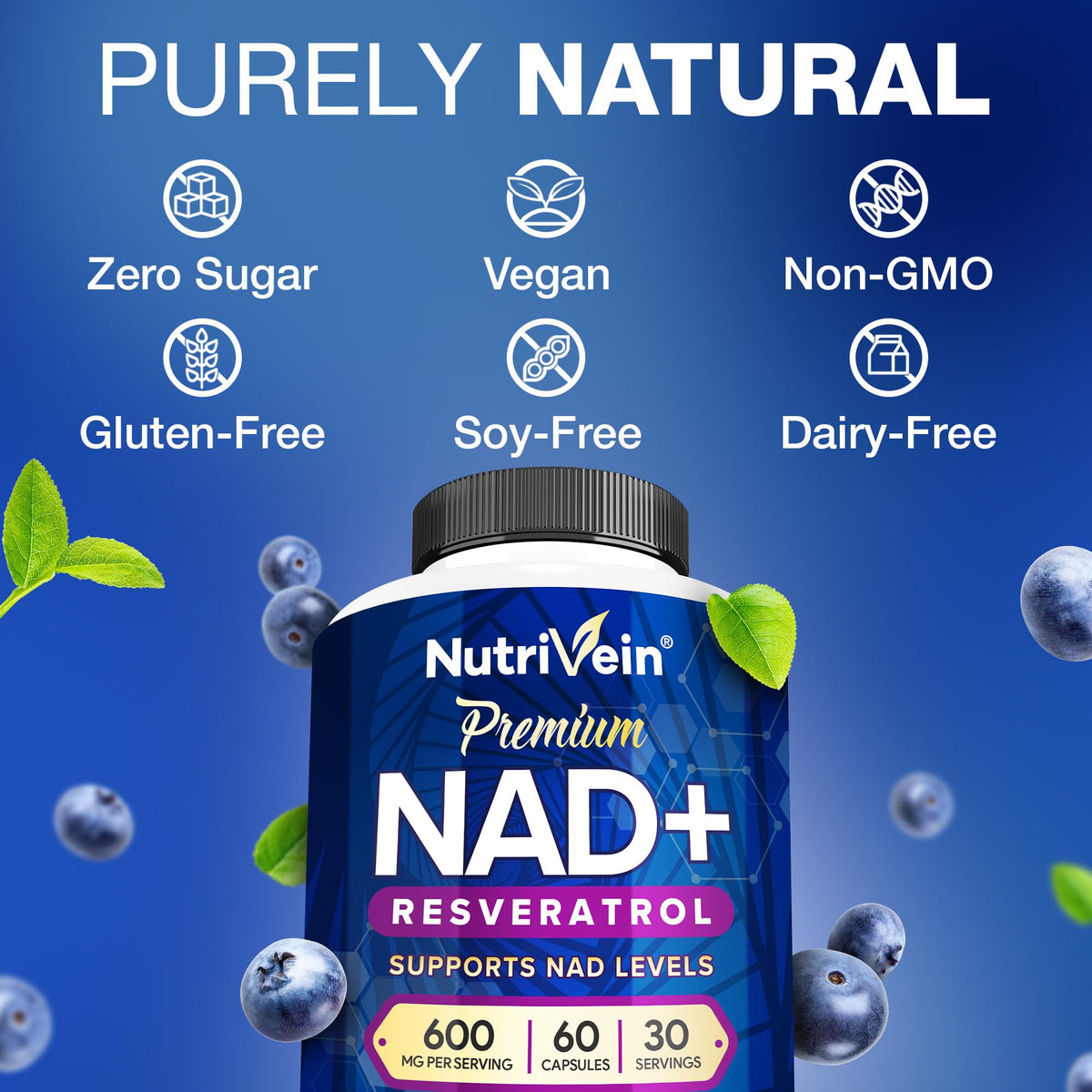 Nutrivein Premium NAD + Resveratrol Supplement 600 mg - 30 Servings (60 Capsules): Powerful Synergistic NAD Resveratrol Supplement - Aging, Cognition, Metabolism, & Overall Well-Being NutriveinBuy Supplements Australia