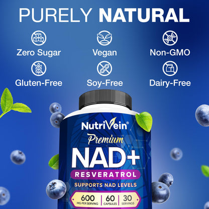 Nutrivein Premium NAD + Resveratrol Supplement 600 mg - 30 Servings (60 Capsules): Powerful Synergistic NAD Resveratrol Supplement - Aging, Cognition, Metabolism, & Overall Well-Being NutriveinBuy Supplements Australia