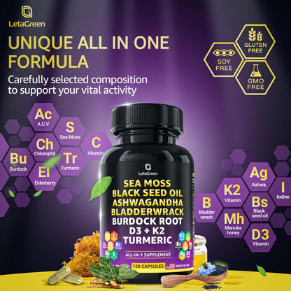 LetaGreen Ocean Wild Sea Moss Capsules - 120 Black Seed Oil Sea Moss Pills LetaGreenBuy Supplements Australia