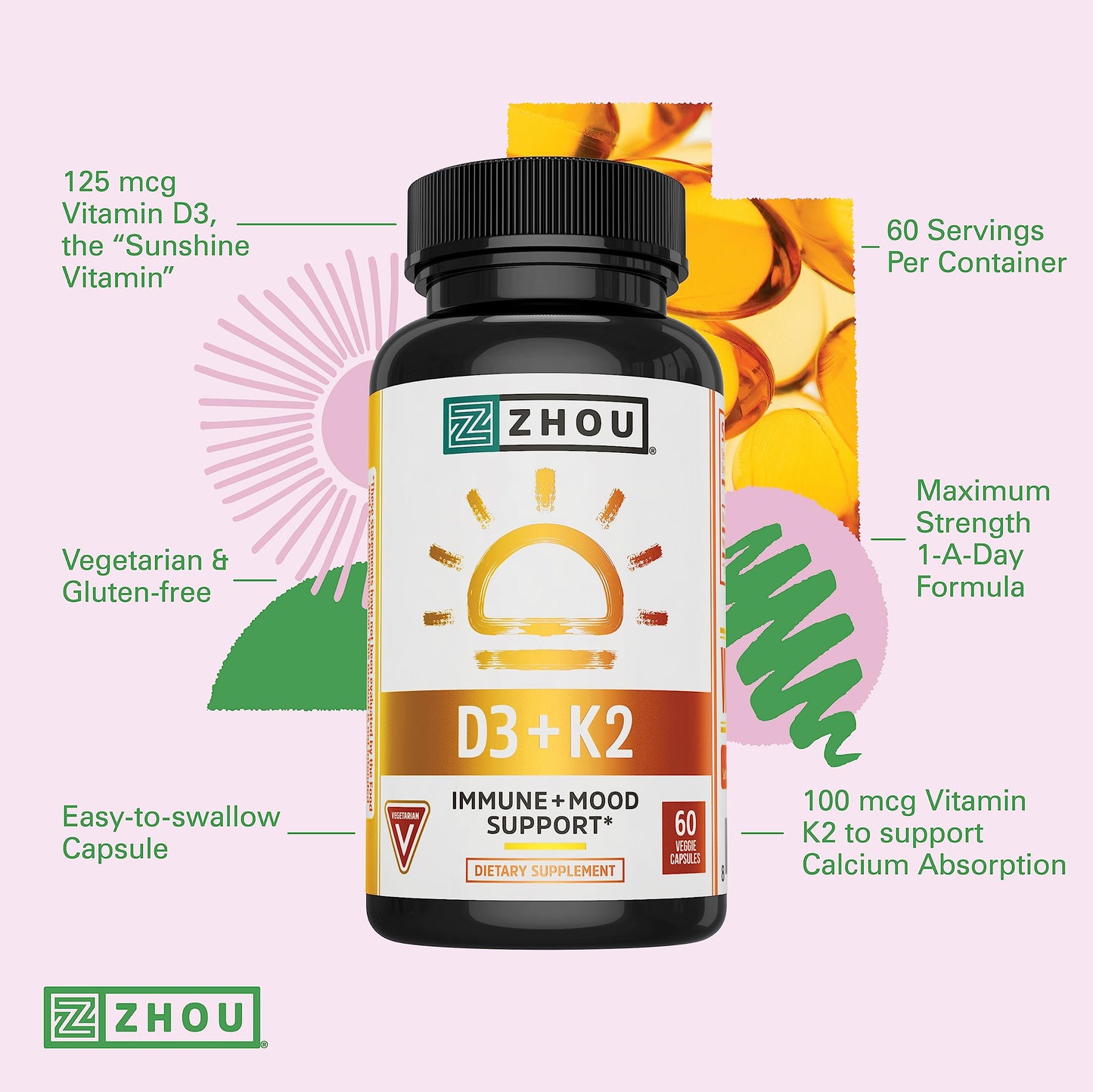 Zhou Nutrition Vitamin D3 K2, Bone and Heart Health Formula 5000 IU Vitamin D3 & 90 mcg Zhou NutritionBuy Supplements Australia