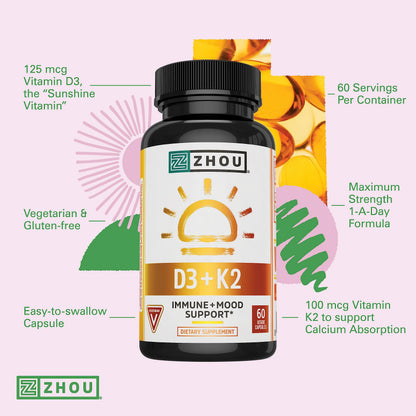 Zhou Nutrition Vitamin D3 K2, Bone and Heart Health Formula 5000 IU Vitamin D3 & 90 mcg Zhou NutritionBuy Supplements Australia