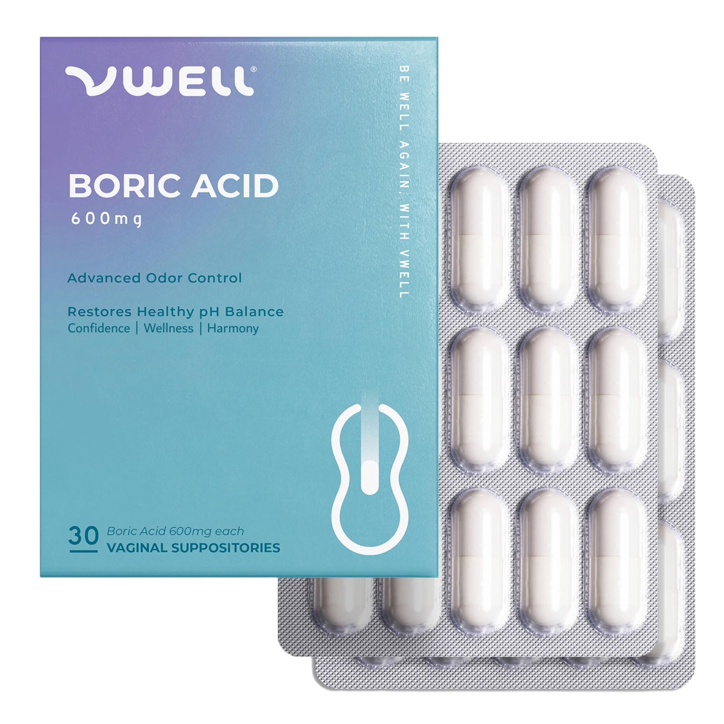 VWELL Boric Acid Vaginal Suppositories - Homeopathic Solution Maintains and Balances Healthy Vaginal pH & Microbiome Intimacy - Doctors Recommended (One Size, 30, Count) VWELLBuy Supplements Australia