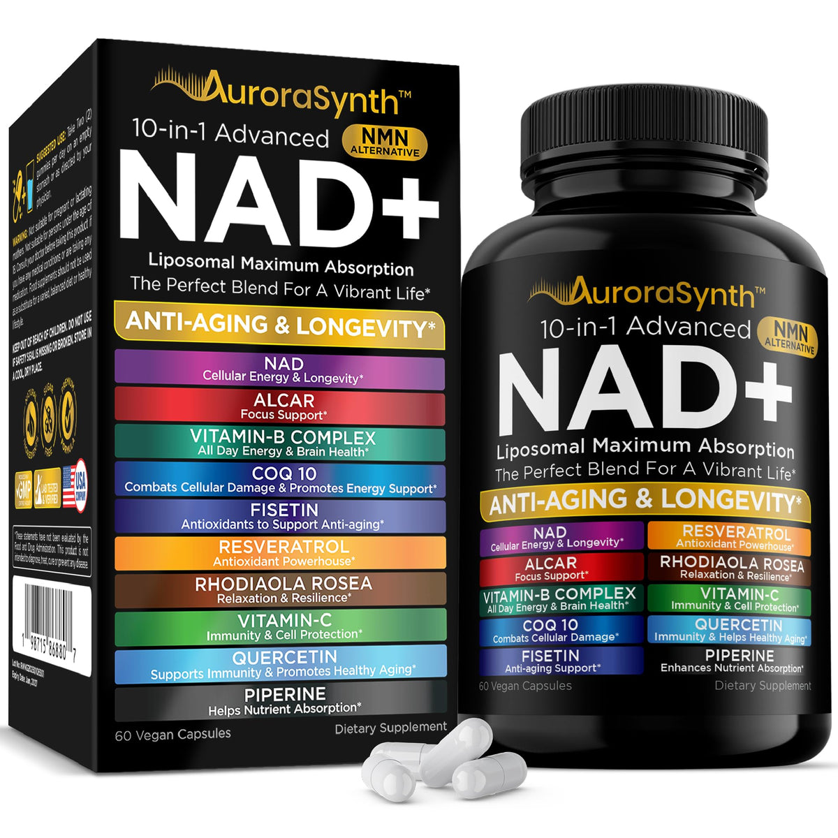 AuroraSynth NAD+ supplement packaging with bottle and capsules on a white background