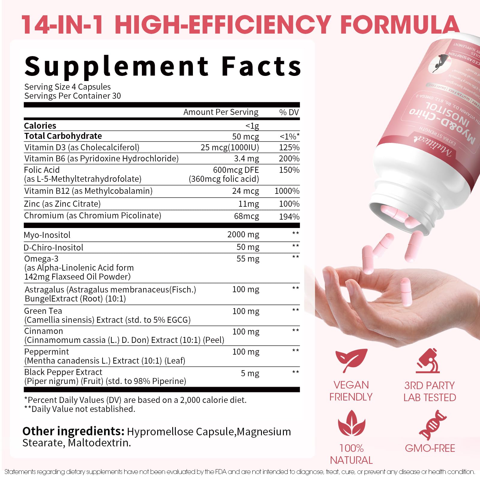 Mulittea Myo-Inositol & D-Chiro Supplement for Women - 14-in-1 Liposomal Inositol with Folic Acid,Omega-3 & Multivitamin for Hormone Balance,Support Ovarian,Skin & Mood- 40:1 Vegan 120 Capsules MulitteaBuy Supplements Australia