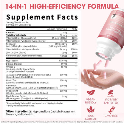 Mulittea Myo-Inositol & D-Chiro Supplement for Women - 14-in-1 Liposomal Inositol with Folic Acid,Omega-3 & Multivitamin for Hormone Balance,Support Ovarian,Skin & Mood- 40:1 Vegan 120 Capsules MulitteaBuy Supplements Australia