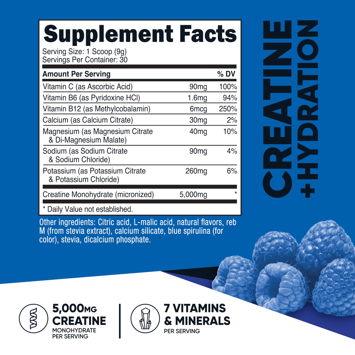 Nutricost Creatine Monohydrate + Hydration Blue Raspberry Flavored (30 Servings) - 7 Vitamins & Minerals, 5000mg of Creatine Per Serving NutricostBuy Supplements Australia