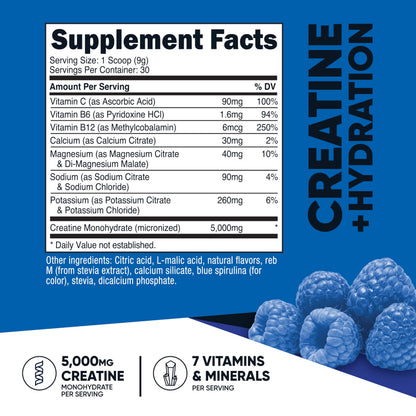 Nutricost Creatine Monohydrate + Hydration Blue Raspberry Flavored (30 Servings) - 7 Vitamins & Minerals, 5000mg of Creatine Per Serving NutricostBuy Supplements Australia