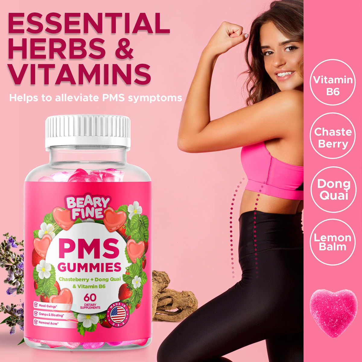 Beary Fine PMS Gummies - PMS Vitamins for Women & Teens - PMS Period Relief - Cramping, Bloating, Mood Swings - Made in The USA (Strawberry, 60 Count) Beary FineBuy Supplements Australia