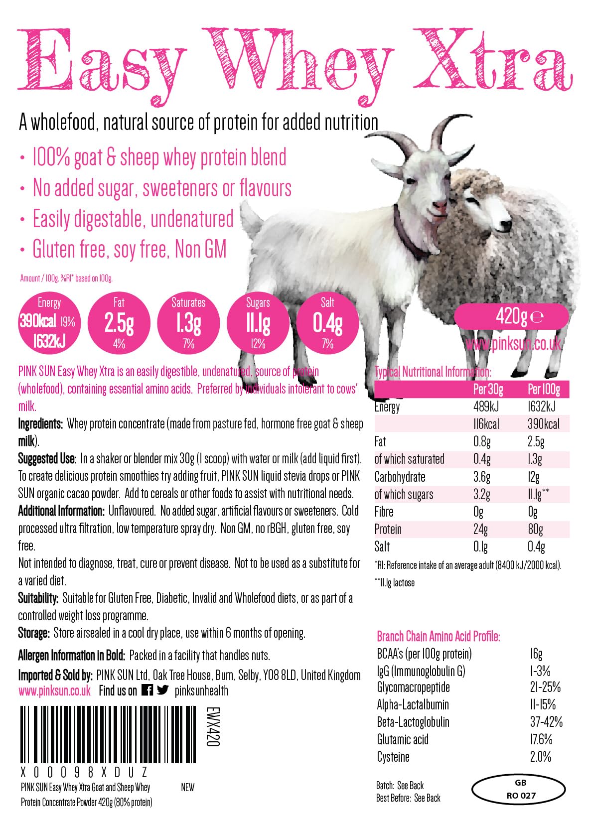 PINK SUN Goat Sheep Whey Protein Powder 420g (80% Protein) Pure Unflavoured Concentrate PINK SUNBuy Supplements Australia