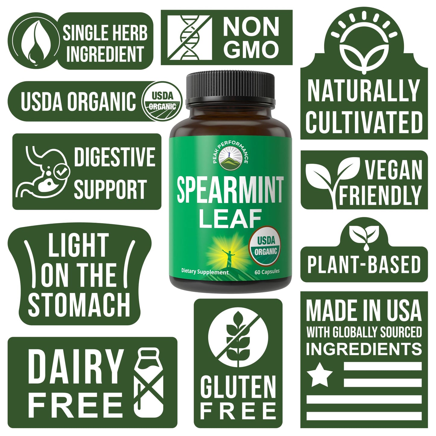 Peak Performance USDA Organic Spearmint Capsules. Organic Vegan Spearmint Leaf Pills for Digestive Support, Ingestion, and More. USA Tested Supplement for Women and Men. Peak PerformanceBuy Supplements Australia
