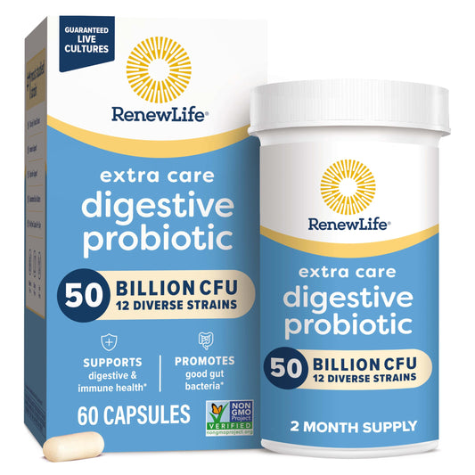 Renew Life Extra Care Digestive Probiotic Capsules, 50 Billion CFU Guaranteed, Daily Supplement Supports Immune, Digestive, Respiratory Health(1), L. Rhamnosus GG