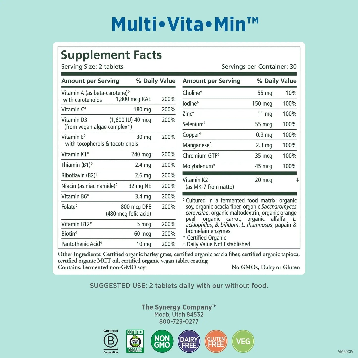 PURE SYNERGY Multi·Vita·Min | Vegan Multivitamin Made with Organic Whole Foods | Twice Daily Supplement for Men and Women PURE SYNERGY