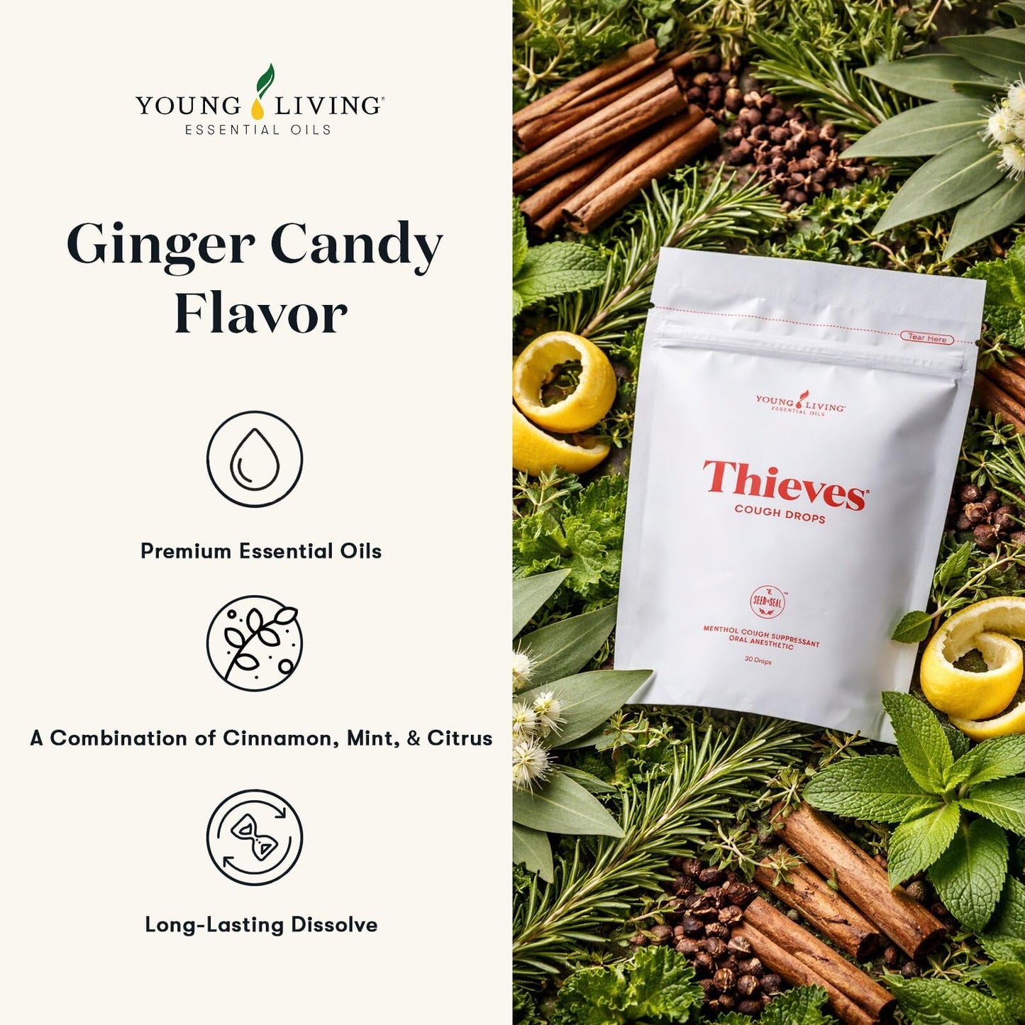 Young Living Thieves Cough Drops | 30 ct | Cinnamon & Menthol Flavor | with Thieves Essential Oil Blend of Lemon, Clove, Eucalyptus, Rosemary, & Peppermint | Sugar Free | Cooling Throat Comfort Young Living buy supplements Au