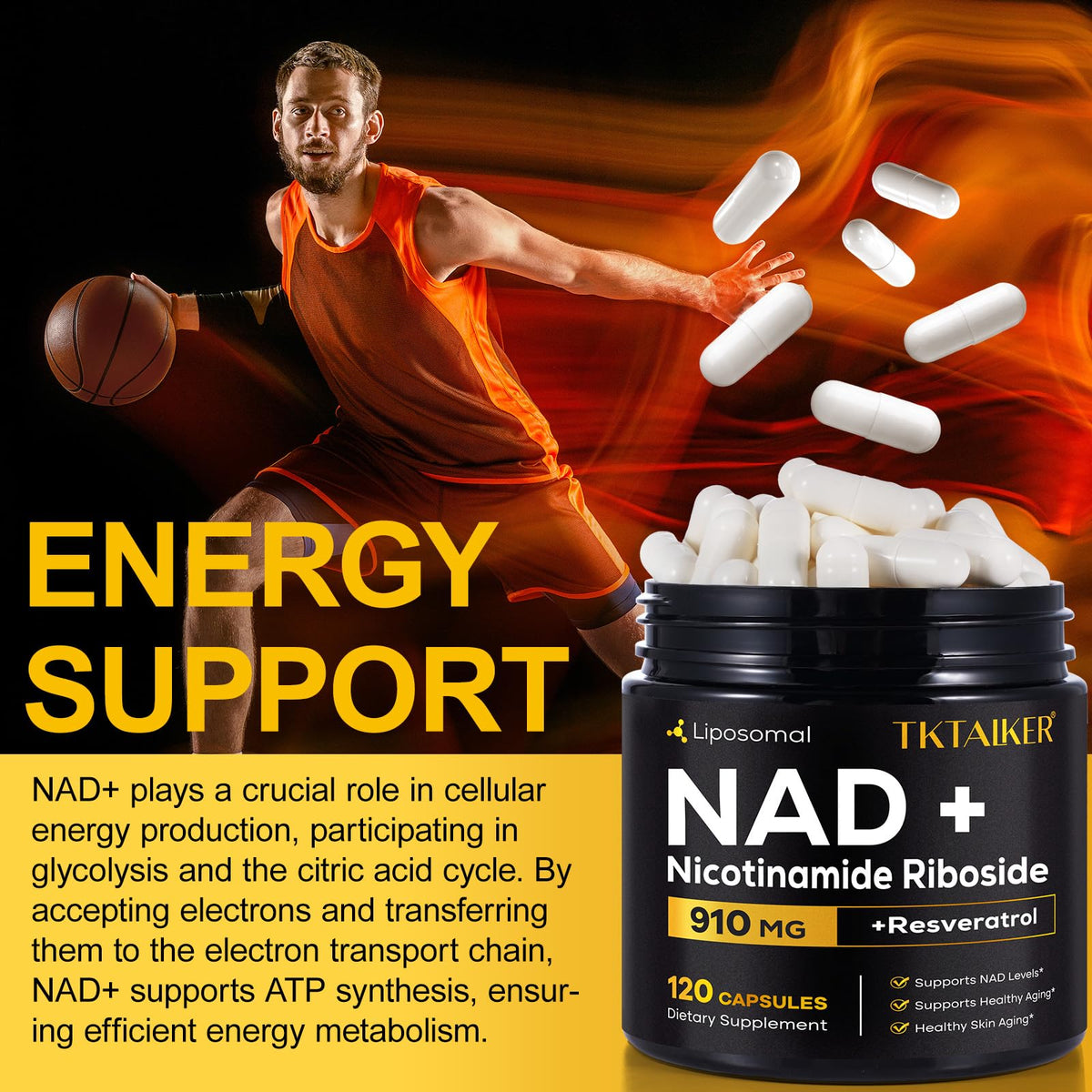 TKTALKER NAD Supplement, 910MG Liposomal Nicotinamide Riboside with Resveratrol & Quercetin, Anti-Aging, Cellular Energy, Mental Focus & Stamina & Healthy, Women & Men, 120 Capsules TKTALKERBuy Supplements Australia