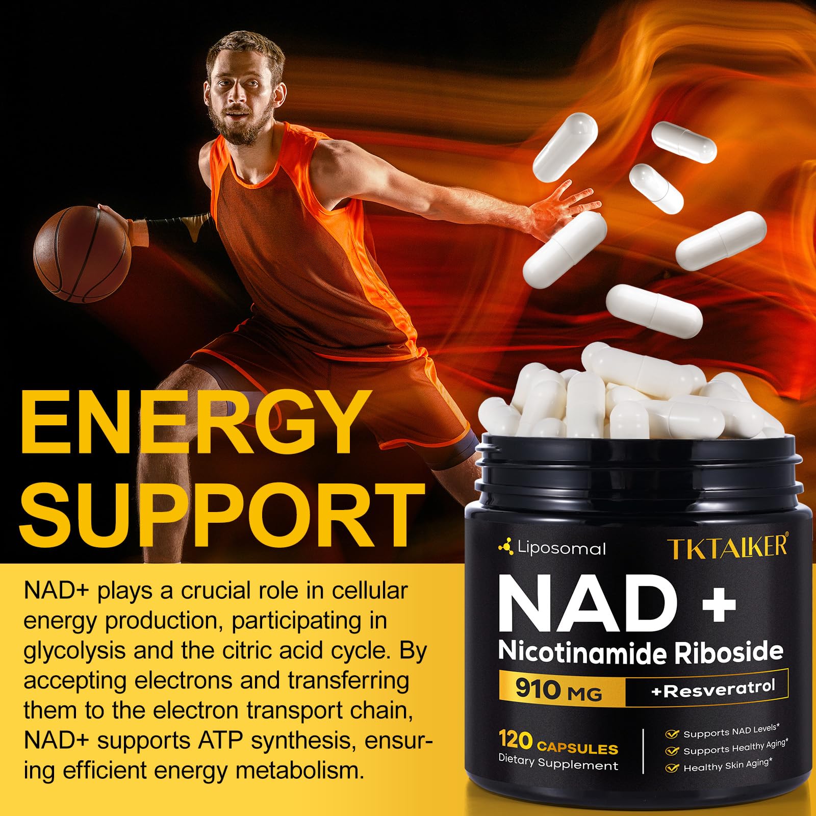 TKTALKER NAD Supplement, 910MG Liposomal Nicotinamide Riboside with Resveratrol & Quercetin, Anti-Aging, Cellular Energy, Mental Focus & Stamina & Healthy, Women & Men, 120 Capsules TKTALKERBuy Supplements Australia