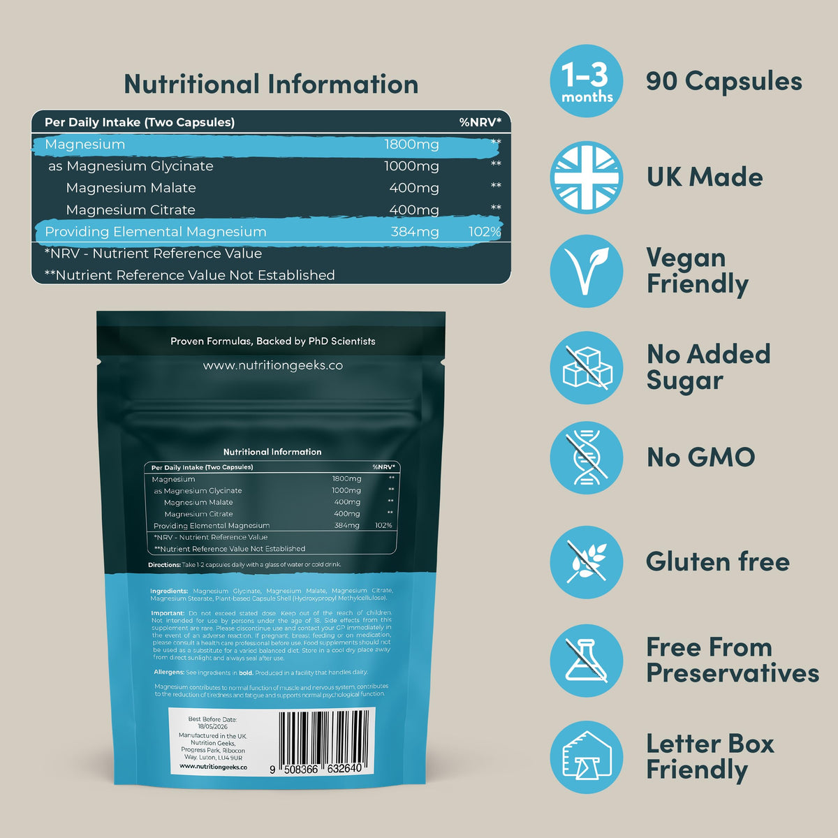 Magnesium Glycinate 3-in-1 Complex - 1800mg Supplements as Bisglycinate, Citrate Nutrition GeeksBuy Supplements Australia