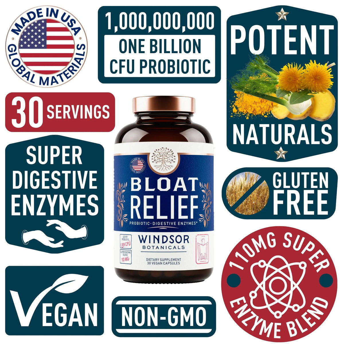 Bloat Relief Probiotic and Digestive Enzymes - Anti Bloating Turmeric, Fennel, Bromelain IBS Supplement - Detox Debloat Capsules Gas - Bloating Relief for Women and Men - 30 Gut Health Pills WINDSOR BOTANICALSBuy Supplements Australia