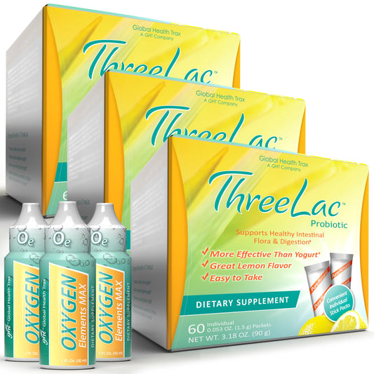 GHT – Ultimate Gut & Oxygen Duo: ThreeLac Lemon Probiotic Powder (180 Packets) & Oxygen Elements Max Drops (3oz) - Digestive Support & Cellular Vitality ght Global Health TraxBuy Supplements Australia