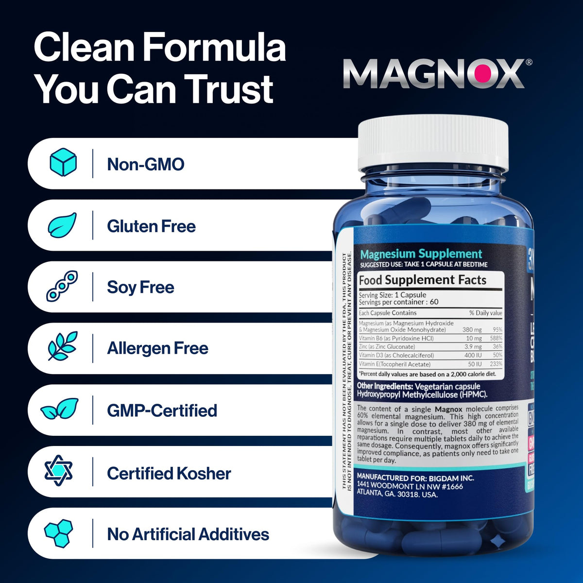 MAGNOX® Buster | Patented Clinically Tested 380mg Magnesium Supplement for Spasms & Leg Cramps at Night | One Capsule a Day for Almost Full Dosage | 3X More Absorption | Dead Sea Minerals (60 Caps) MAGNOXBuy Supplements Australia
