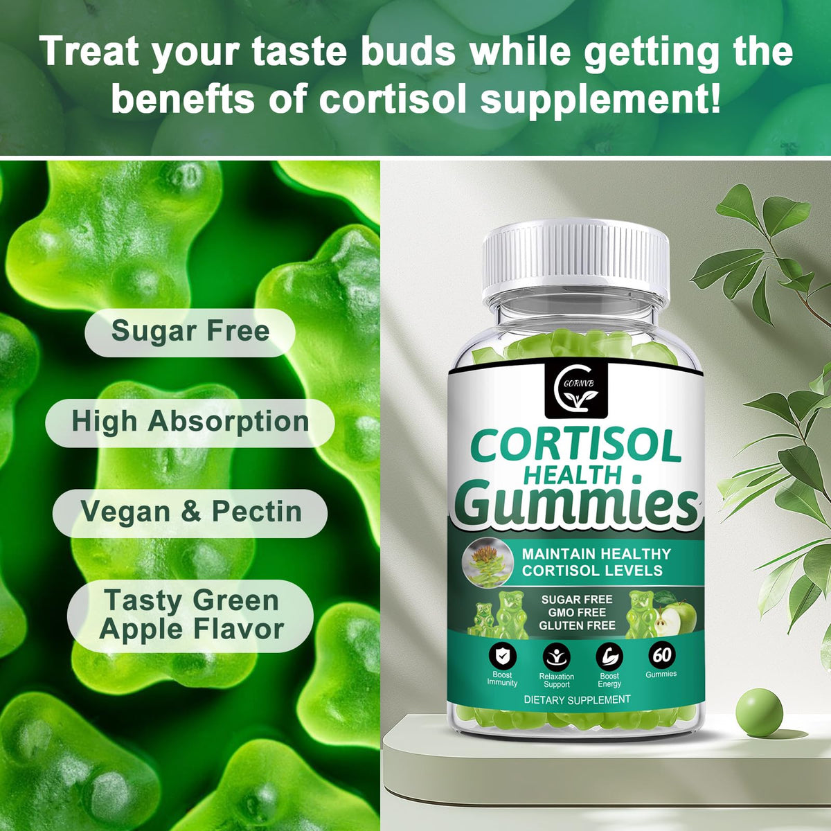 GORNVB Cortisol Gummies, Cortisol Supplement for Women with Magnesium, Ashwagandha, Rhodiola, Phosphatidylserine, L-Theanine, Black Pepper, Vitamin C & B6 - Relaxation, Focus, Sleep Support - 2 Pack GORNVBBuy Supplements Australia