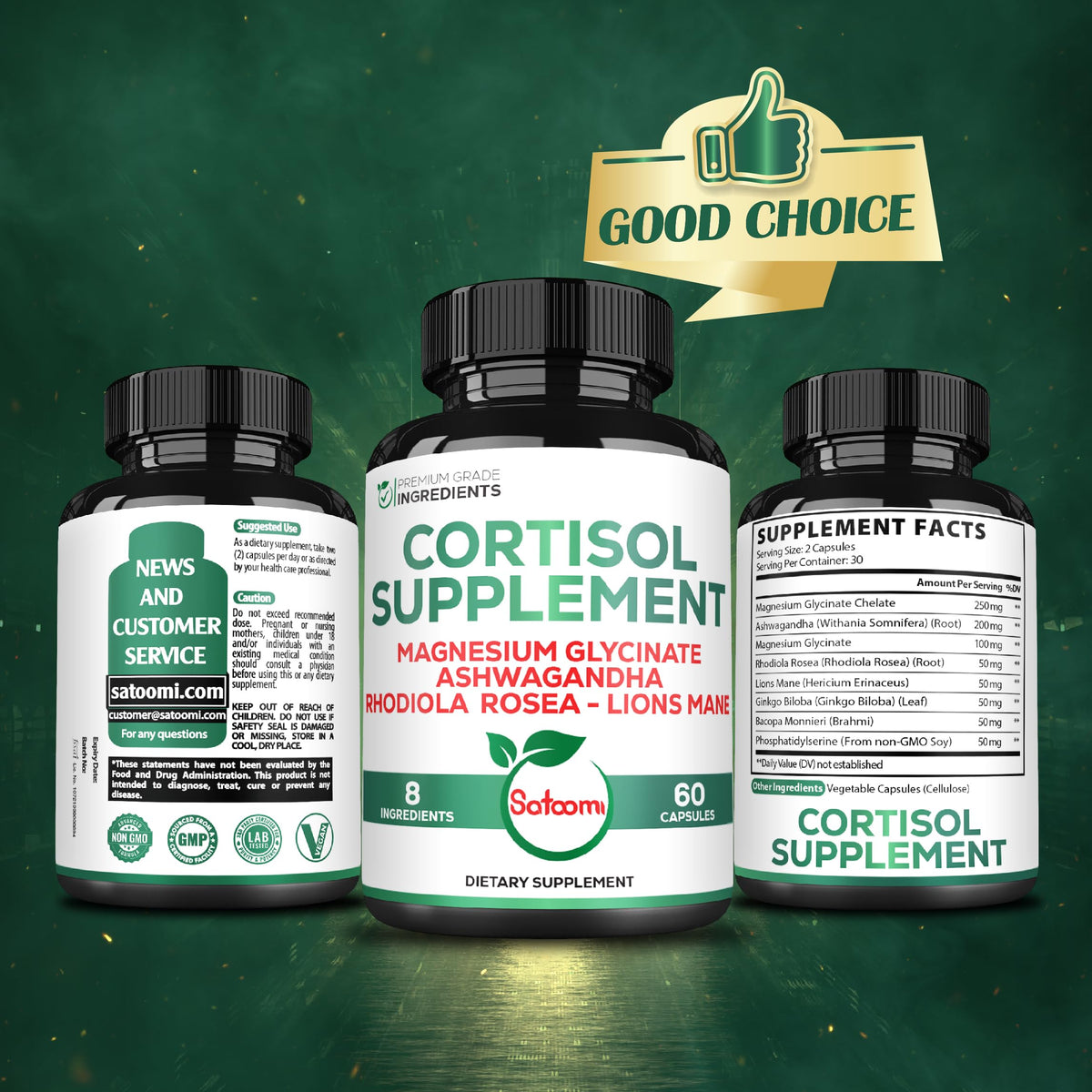 Satoomi 8in1 Cortisol Manager with Magnesium Glycinate, Ashwagandha, Rhodiola Rosea, Lions Mane & More - Cortisol Reducer Supplement Men & Women - 60 Capsules SatoomiBuy Supplements Australia
