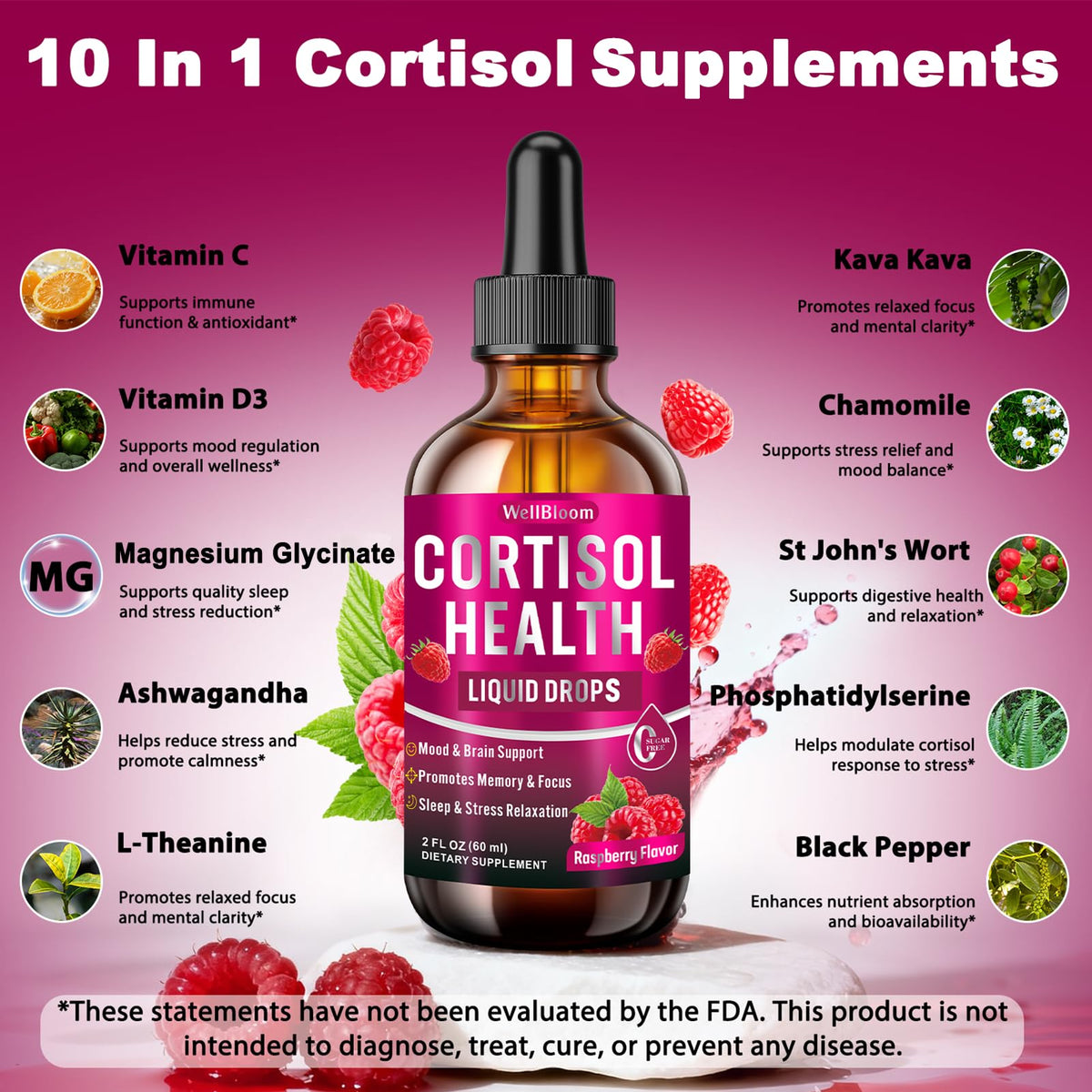 WellBloom Cortisol Reducer for Women & Men with Magnesium Glycinate, Ashwagandha, L-Theanine - Supports Stress Relief, Sleep & Heart Health, Nerves, Muscles - 2 Fl Oz WellBloomBuy Supplements Australia