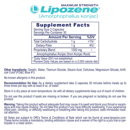 Lipozene Weight-Management Fiber Supplement, 60 Capsules | Non-Stimulant Glucomannan Formula for Healthy Lifestyle Support