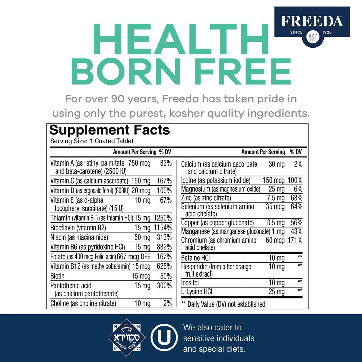 Freeda Senior Multivitamin - Kosher Vitamins for Men & Women 60 and Over - One Daily Coated Tablet - Women’s & Men’s Vitamins Multivitamin 60 Plus FREEDA