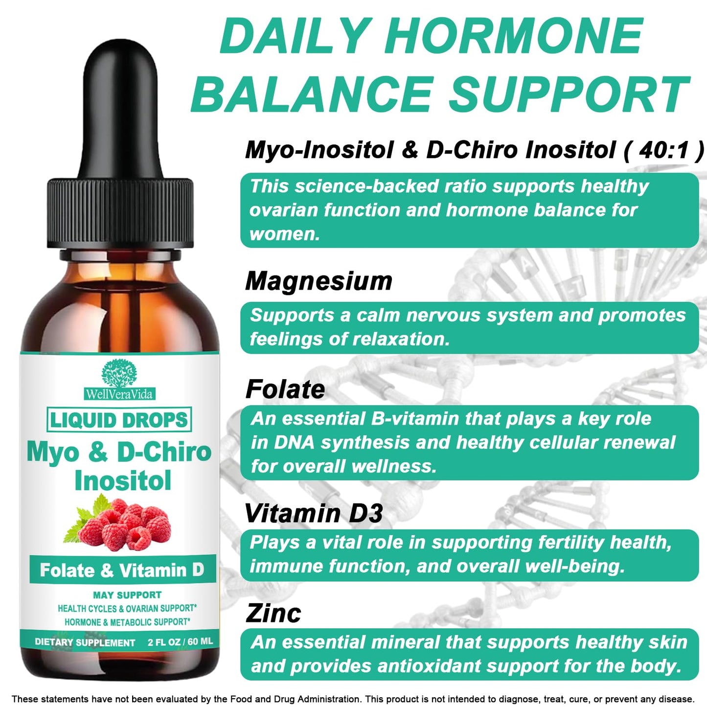 Myo Inositol & D-Chiro Inositol Supplement Liquid for Women- Ideal 40:1 Ratio Inositol Drops with MTHF Folate, Magnesium, Vitamin D, Supports Hormone Balance, Regular Cycles & Ovarian Health丨Vegan WellVeraVidaBuy Supplements Australia