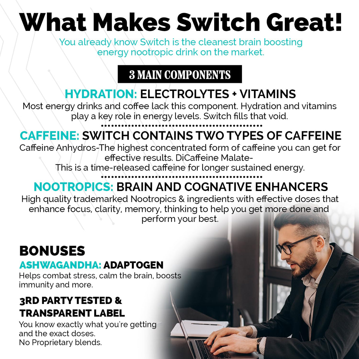 Switch, Brain Boosting Nootropic Energy Supplement Powder - Made in USA - Alpha GPC, NALT, Ashwagandha, Sugar Free Energy, Keto, Increase Mental Focus & Cognitive Function, Enhances Mood & Memory CoreBody NutritionBuy Supplements Australia