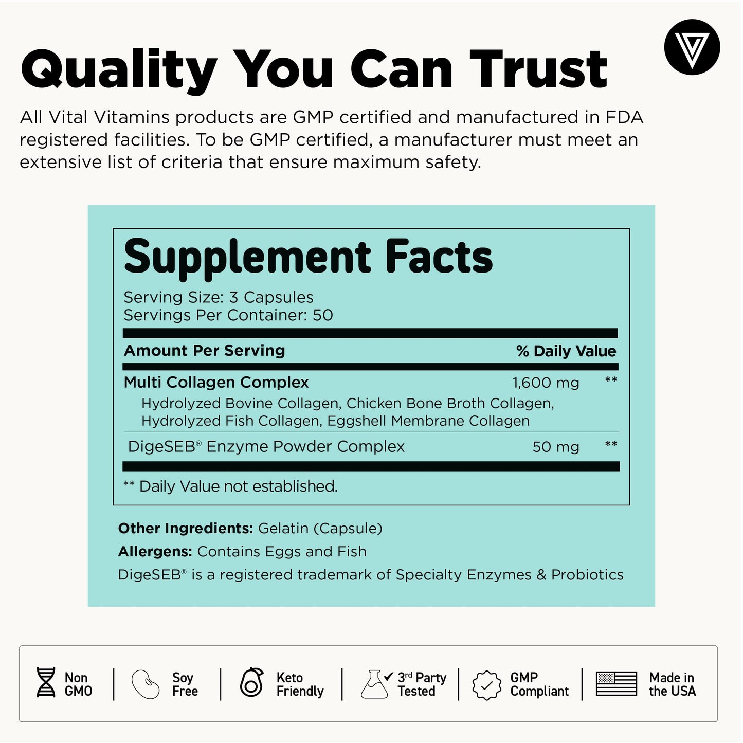 Vital Vitamins Multi Collagen for Women & Men - Type I, II, III, V, X - Grass Fed, Non-GMO - 150 Capsules