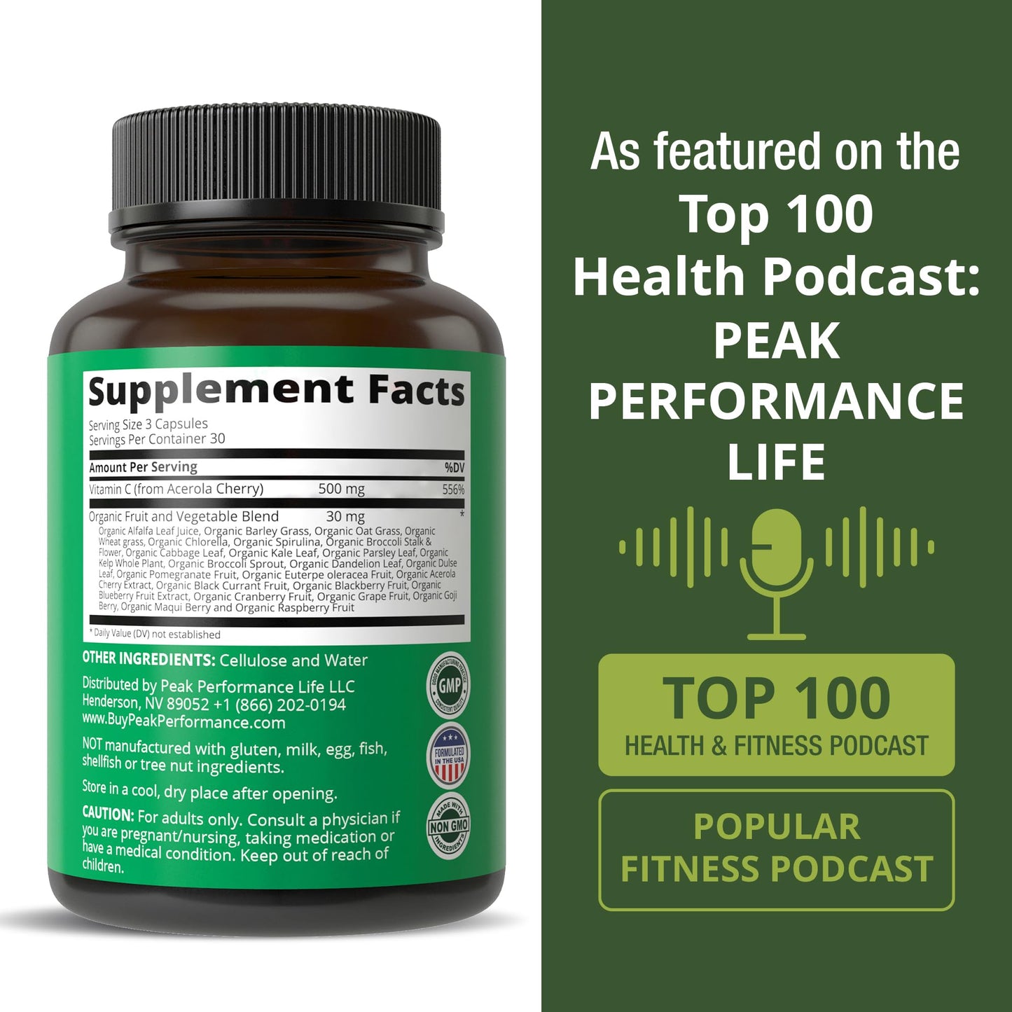 Peak Performance Raw Whole Food Natural Vitamin C Capsules from Acerola Cherry for Max Absorption. Vegan USA Sourced Vitamin C Supplement 90 Pills. 500 mg Serving or 2 Servings 1000mg Peak PerformanceBuy Supplements Australia