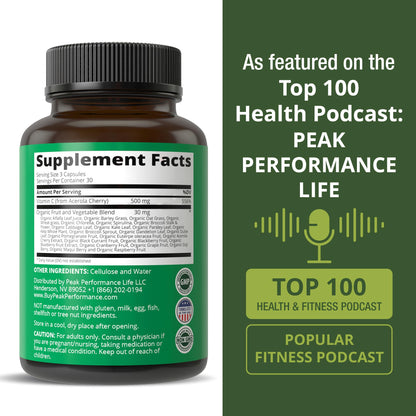 Peak Performance Raw Whole Food Natural Vitamin C Capsules from Acerola Cherry for Max Absorption. Vegan USA Sourced Vitamin C Supplement 90 Pills. 500 mg Serving or 2 Servings 1000mg Peak PerformanceBuy Supplements Australia