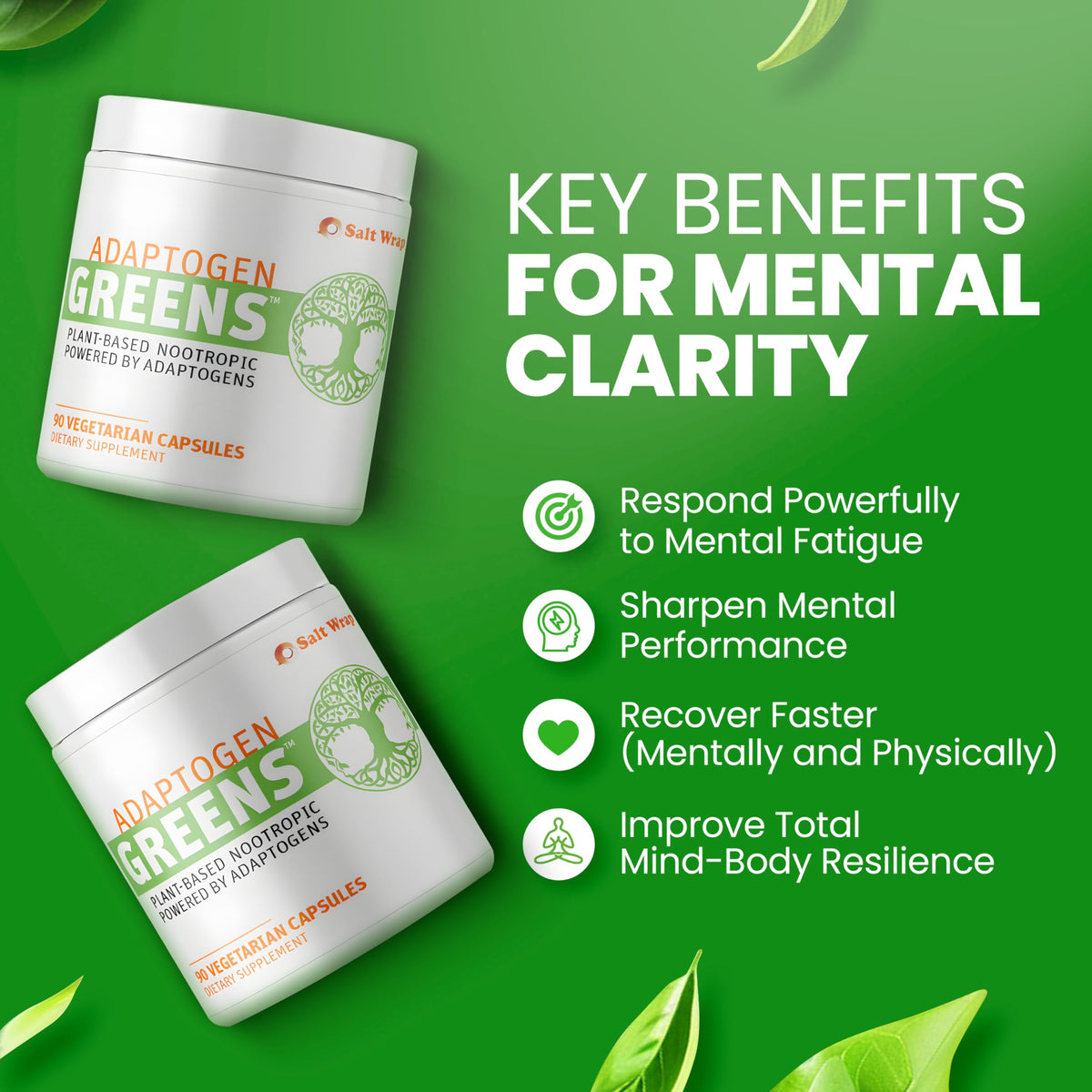 SaltWrap Adaptogen Greens - Mind-Body Resilience Formula - Caffeine-Free Nootropic for Stress, Focus, and Cognitive Performance - 90 Capsules SaltWrapBuy Supplements Australia