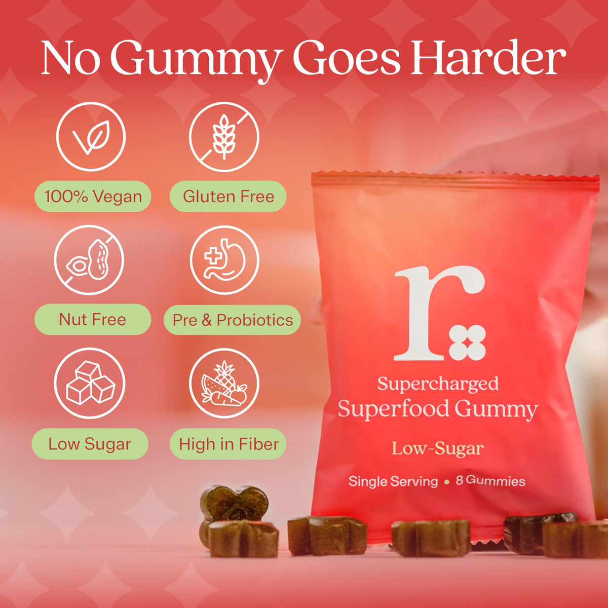 Rizz Low Sugar Green Gummies - 60+ Superfoods 6g Fiber - Prebiotic and Probiotic Gummies - Vegan Multivitamins for Women & Men - Gluten Free - Mushroom,