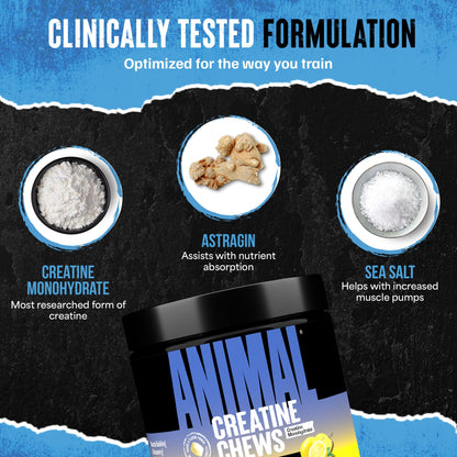 Animal Creatine Chews Tablets - Enhanced Creatine Monohydrate with AstraGin to Improve Absorption, Sea Salt for Added Pumps, Delicious and Convenient Chewable Tablets - Lemon Ice AnimalBuy Supplements Australia