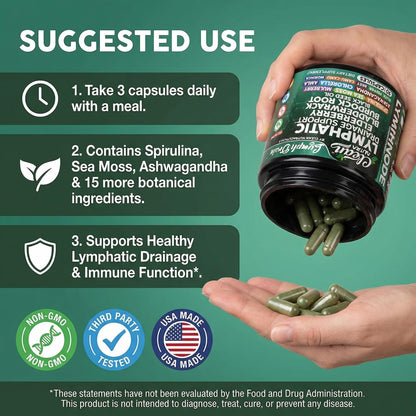 Organic Lymphatic Drainage Supplements | Elderberry Bladderwrack Burdock Root Black Seed Oil Spirulina Sea Moss Ashwagandha Chlorella Amla Beet Moringa Chlorophyll Lymph System Capsules By Clean Nutra Clean Nutraceuticals buy supplements Au